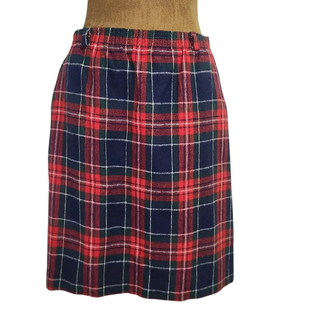 Vintage Old Money Plaid Skirt Academia Site M Pockets Red Blue Stretch Waist